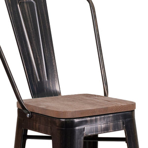 English Elm Lily 24" High Metal Counter Stool with Back and Textured Wood Seat for Modern Bistro Charm Black-Antique Gold CH-31320-24GB-BQ-WD-GG