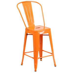 English Elm Kai Commercial Grade 24" High Metal Counter Height Stool for Indoor-Outdoor Use with Removable Back Orange CH-31320-24GB-OR-GG