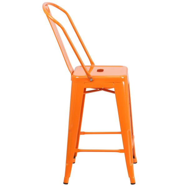 English Elm Kai Commercial Grade 24" High Metal Counter Height Stool for Indoor-Outdoor Use with Removable Back Orange CH-31320-24GB-OR-GG