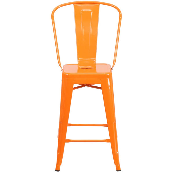 English Elm Kai Commercial Grade 24" High Metal Counter Height Stool for Indoor-Outdoor Use with Removable Back Orange CH-31320-24GB-OR-GG