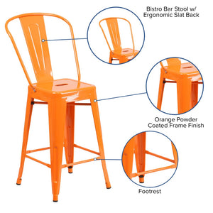 English Elm Kai Commercial Grade 24" High Metal Counter Height Stool for Indoor-Outdoor Use with Removable Back Orange CH-31320-24GB-OR-GG