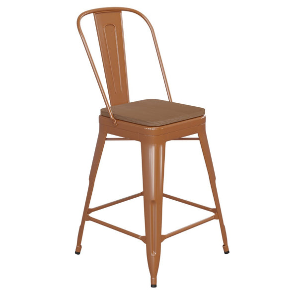 English Elm Kai Commercial Grade 24" High Metal Counter Stool with Removable Backrest for Versatile Seating Options Teak Seat/Orange Frame CH-31320-24GB-OR-PL2T-GG