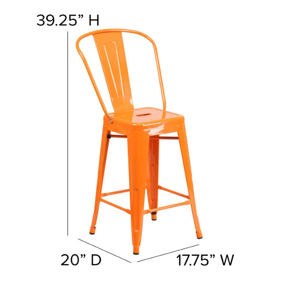 English Elm Kai Commercial Grade 24" High Metal Counter Stool with Removable Backrest for Versatile Seating Options Teak Seat/Orange Frame CH-31320-24GB-OR-PL2T-GG