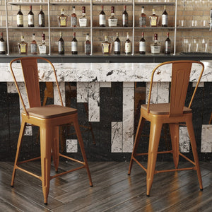 English Elm Kai Commercial Grade 24" High Metal Counter Stool with Removable Backrest for Versatile Seating Options Teak Seat/Orange Frame CH-31320-24GB-OR-PL2T-GG