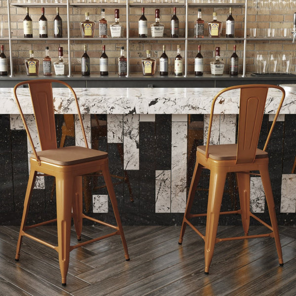 English Elm Kai Commercial Grade 24" High Metal Counter Stool with Removable Backrest for Versatile Seating Options Teak Seat/Orange Frame CH-31320-24GB-OR-PL2T-GG