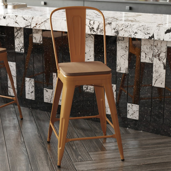 English Elm Kai Commercial Grade 24" High Metal Counter Stool with Removable Backrest for Versatile Seating Options Teak Seat/Orange Frame CH-31320-24GB-OR-PL2T-GG
