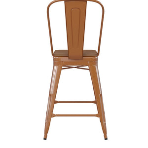 English Elm Kai Commercial Grade 24" High Metal Counter Stool with Removable Backrest for Versatile Seating Options Teak Seat/Orange Frame CH-31320-24GB-OR-PL2T-GG