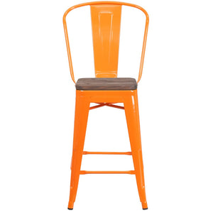 English Elm Lily 24" High Metal Counter Stool with Back and Textured Wood Seat for Modern Bistro Charm Orange CH-31320-24GB-OR-WD-GG