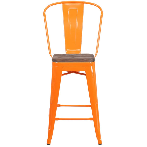 English Elm Lily 24" High Metal Counter Stool with Back and Textured Wood Seat for Modern Bistro Charm Orange CH-31320-24GB-OR-WD-GG