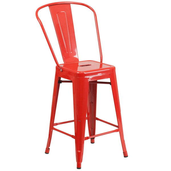 English Elm Kai Commercial Grade 24" High Metal Counter Height Stool for Indoor-Outdoor Use with Removable Back Red CH-31320-24GB-RED-GG