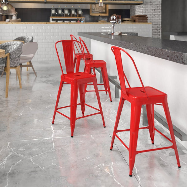 English Elm Kai Commercial Grade 24" High Metal Counter Height Stool for Indoor-Outdoor Use with Removable Back Red CH-31320-24GB-RED-GG