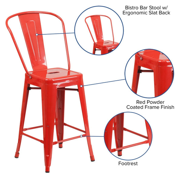 English Elm Kai Commercial Grade 24" High Metal Counter Height Stool for Indoor-Outdoor Use with Removable Back Red CH-31320-24GB-RED-GG