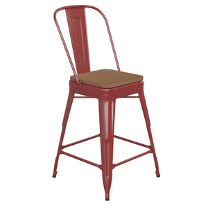 English Elm Kai Commercial Grade 24" High Metal Counter Stool with Removable Backrest for Versatile Seating Options Teak Seat/Red Frame CH-31320-24GB-RED-PL2T-GG