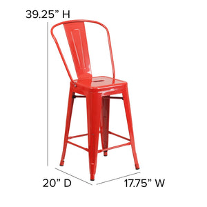 English Elm Kai Commercial Grade 24" High Metal Counter Stool with Removable Backrest for Versatile Seating Options Teak Seat/Red Frame CH-31320-24GB-RED-PL2T-GG