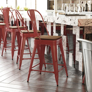English Elm Kai Commercial Grade 24" High Metal Counter Stool with Removable Backrest for Versatile Seating Options Teak Seat/Red Frame CH-31320-24GB-RED-PL2T-GG