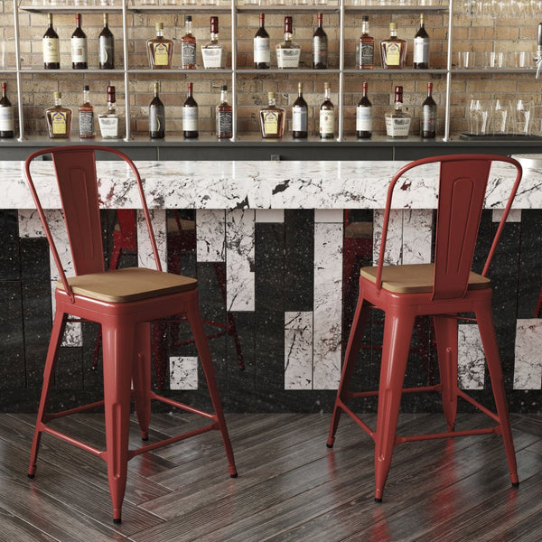 English Elm Kai Commercial Grade 24" High Metal Counter Stool with Removable Backrest for Versatile Seating Options Teak Seat/Red Frame CH-31320-24GB-RED-PL2T-GG