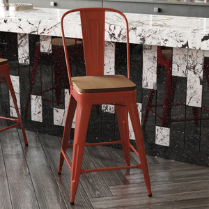 English Elm Kai Commercial Grade 24" High Metal Counter Stool with Removable Backrest for Versatile Seating Options Teak Seat/Red Frame CH-31320-24GB-RED-PL2T-GG