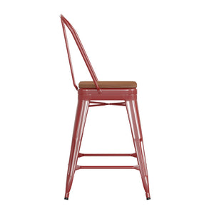 English Elm Kai Commercial Grade 24" High Metal Counter Stool with Removable Backrest for Versatile Seating Options Teak Seat/Red Frame CH-31320-24GB-RED-PL2T-GG