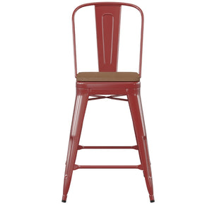 English Elm Kai Commercial Grade 24" High Metal Counter Stool with Removable Backrest for Versatile Seating Options Teak Seat/Red Frame CH-31320-24GB-RED-PL2T-GG