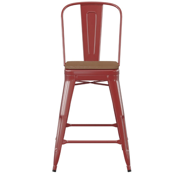 English Elm Kai Commercial Grade 24" High Metal Counter Stool with Removable Backrest for Versatile Seating Options Teak Seat/Red Frame CH-31320-24GB-RED-PL2T-GG