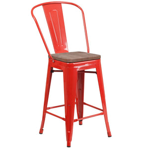 English Elm Lily 24" High Metal Counter Stool with Back and Textured Wood Seat for Modern Bistro Charm Red CH-31320-24GB-RED-WD-GG