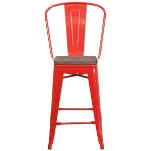 English Elm Lily 24" High Metal Counter Stool with Back and Textured Wood Seat for Modern Bistro Charm Red CH-31320-24GB-RED-WD-GG