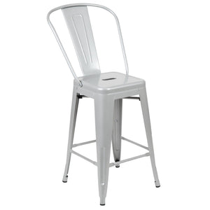 English Elm Kai Commercial Grade 24" High Metal Counter Height Stool for Indoor-Outdoor Use with Removable Back Silver CH-31320-24GB-SIL-GG