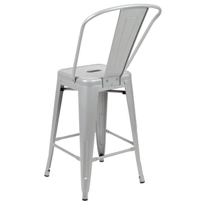 English Elm Kai Commercial Grade 24" High Metal Counter Height Stool for Indoor-Outdoor Use with Removable Back Silver CH-31320-24GB-SIL-GG