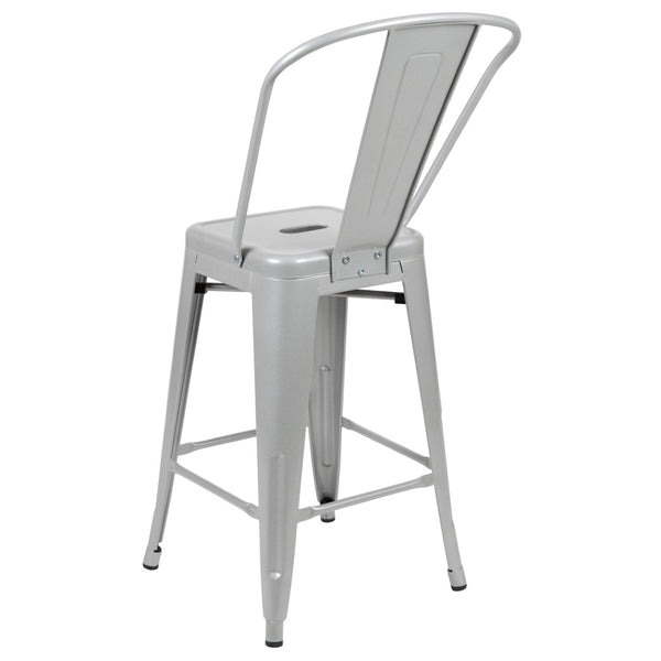 English Elm Kai Commercial Grade 24" High Metal Counter Height Stool for Indoor-Outdoor Use with Removable Back Silver CH-31320-24GB-SIL-GG