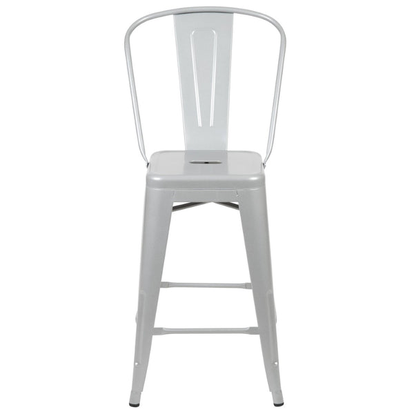 English Elm Kai Commercial Grade 24" High Metal Counter Height Stool for Indoor-Outdoor Use with Removable Back Silver CH-31320-24GB-SIL-GG