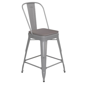 English Elm Kai Commercial Grade 24" High Metal Counter Stool with Removable Backrest for Versatile Seating Options Gray Seat/Silver Frame CH-31320-24GB-SIL-PL2G-GG