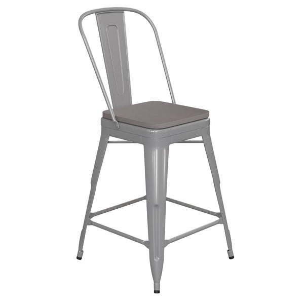 English Elm Kai Commercial Grade 24" High Metal Counter Stool with Removable Backrest for Versatile Seating Options Gray Seat/Silver Frame CH-31320-24GB-SIL-PL2G-GG