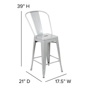 English Elm Kai Commercial Grade 24" High Metal Counter Stool with Removable Backrest for Versatile Seating Options Gray Seat/Silver Frame CH-31320-24GB-SIL-PL2G-GG