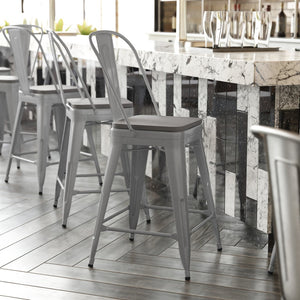 English Elm Kai Commercial Grade 24" High Metal Counter Stool with Removable Backrest for Versatile Seating Options Gray Seat/Silver Frame CH-31320-24GB-SIL-PL2G-GG