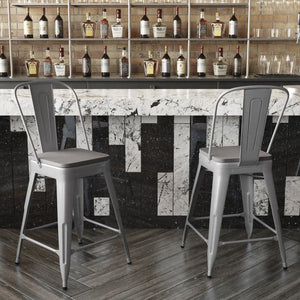 English Elm Kai Commercial Grade 24" High Metal Counter Stool with Removable Backrest for Versatile Seating Options Gray Seat/Silver Frame CH-31320-24GB-SIL-PL2G-GG