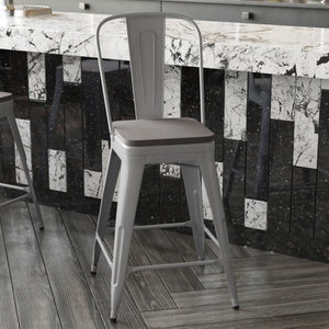 English Elm Kai Commercial Grade 24" High Metal Counter Stool with Removable Backrest for Versatile Seating Options Gray Seat/Silver Frame CH-31320-24GB-SIL-PL2G-GG
