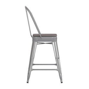 English Elm Kai Commercial Grade 24" High Metal Counter Stool with Removable Backrest for Versatile Seating Options Gray Seat/Silver Frame CH-31320-24GB-SIL-PL2G-GG