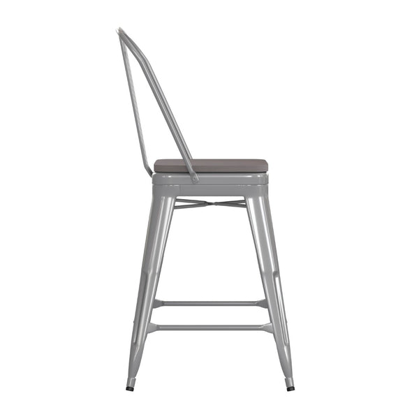 English Elm Kai Commercial Grade 24" High Metal Counter Stool with Removable Backrest for Versatile Seating Options Gray Seat/Silver Frame CH-31320-24GB-SIL-PL2G-GG