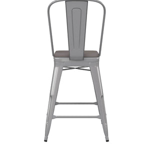 English Elm Kai Commercial Grade 24" High Metal Counter Stool with Removable Backrest for Versatile Seating Options Gray Seat/Silver Frame CH-31320-24GB-SIL-PL2G-GG