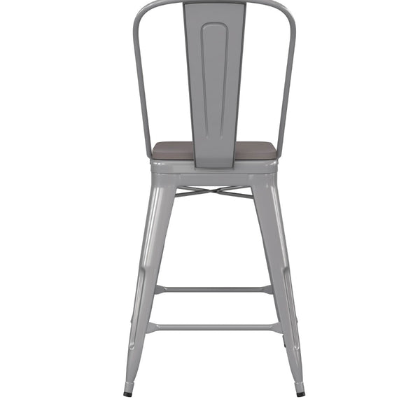 English Elm Kai Commercial Grade 24" High Metal Counter Stool with Removable Backrest for Versatile Seating Options Gray Seat/Silver Frame CH-31320-24GB-SIL-PL2G-GG