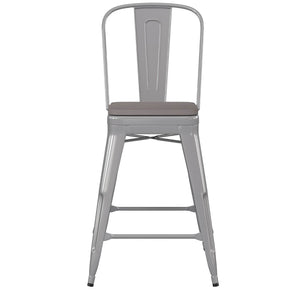 English Elm Kai Commercial Grade 24" High Metal Counter Stool with Removable Backrest for Versatile Seating Options Gray Seat/Silver Frame CH-31320-24GB-SIL-PL2G-GG