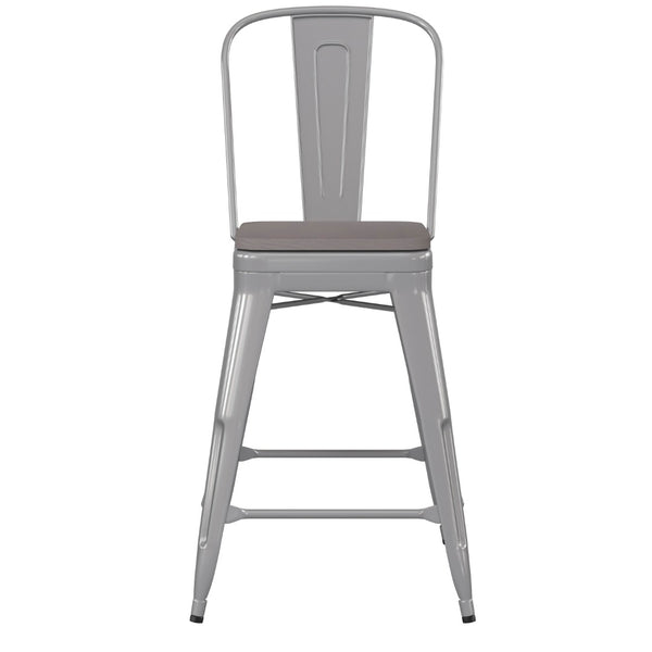 English Elm Kai Commercial Grade 24" High Metal Counter Stool with Removable Backrest for Versatile Seating Options Gray Seat/Silver Frame CH-31320-24GB-SIL-PL2G-GG