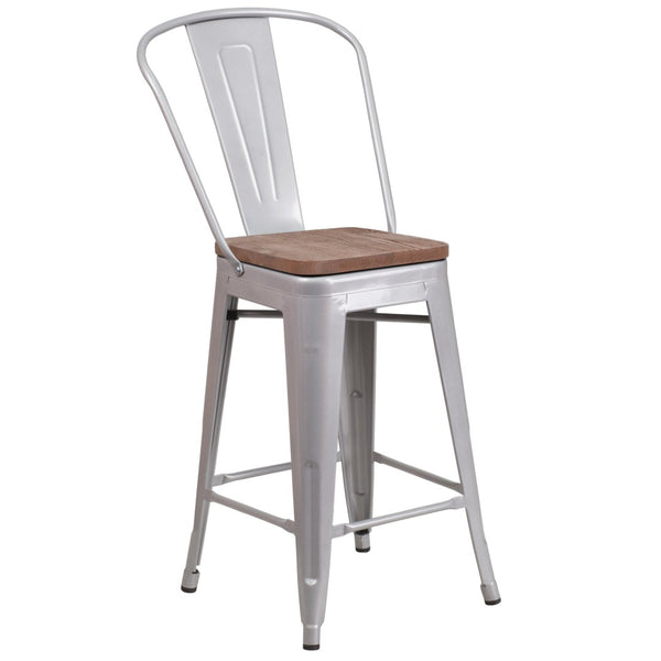 English Elm Lily 24" High Metal Counter Stool with Back and Textured Wood Seat for Modern Bistro Charm Silver CH-31320-24GB-SIL-WD-GG