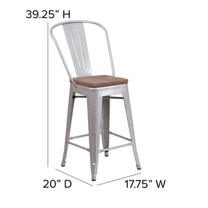 English Elm Lily 24" High Metal Counter Stool with Back and Textured Wood Seat for Modern Bistro Charm Silver CH-31320-24GB-SIL-WD-GG