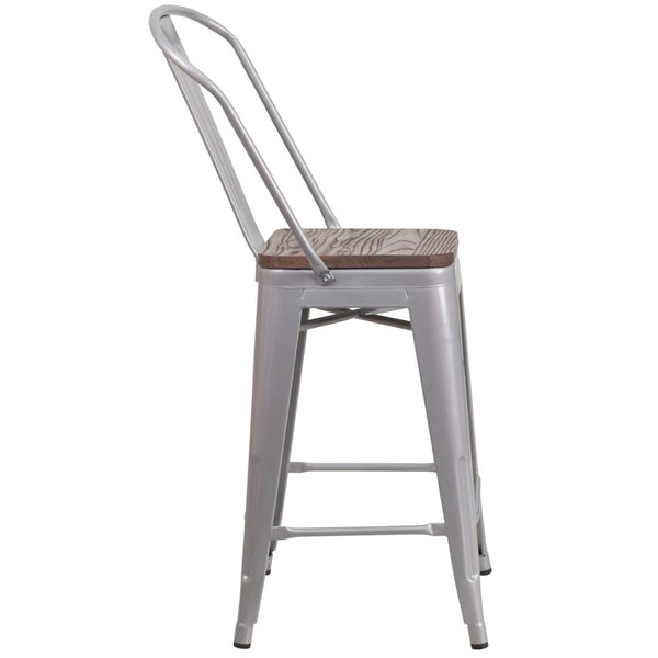 English Elm Lily 24" High Metal Counter Stool with Back and Textured Wood Seat for Modern Bistro Charm Silver CH-31320-24GB-SIL-WD-GG