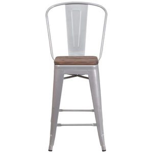 English Elm Lily 24" High Metal Counter Stool with Back and Textured Wood Seat for Modern Bistro Charm Silver CH-31320-24GB-SIL-WD-GG