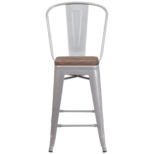 English Elm Lily 24" High Metal Counter Stool with Back and Textured Wood Seat for Modern Bistro Charm Silver CH-31320-24GB-SIL-WD-GG