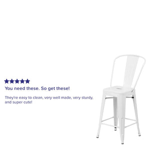 English Elm Kai Commercial Grade 24" High Metal Counter Height Stool for Indoor-Outdoor Use with Removable Back White CH-31320-24GB-WH-GG