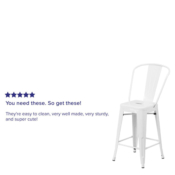 English Elm Kai Commercial Grade 24" High Metal Counter Height Stool for Indoor-Outdoor Use with Removable Back White CH-31320-24GB-WH-GG