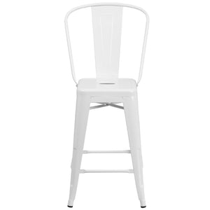 English Elm Kai Commercial Grade 24" High Metal Counter Height Stool for Indoor-Outdoor Use with Removable Back White CH-31320-24GB-WH-GG